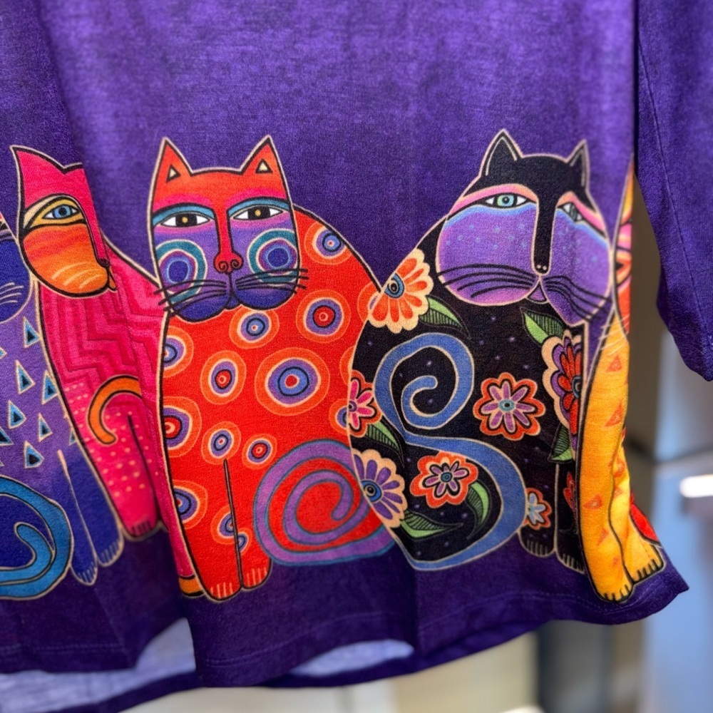 Laurel Burch Cat Art Top XXL Purple Colorful Whimsical 2015 Deadstock NWT - Picture 5 of 13